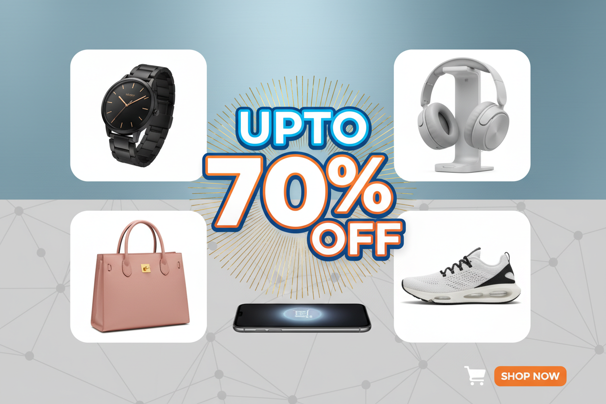 "upto 70% 0ff" in bold letter and add 4,5 images of different products